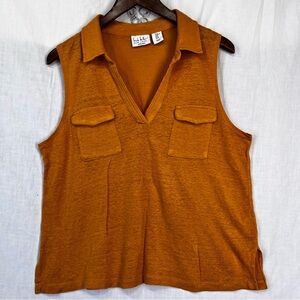 Nicole Miller Linen Mustard Sleeveless V Neck Top XL Minimalist Coastal Grandma